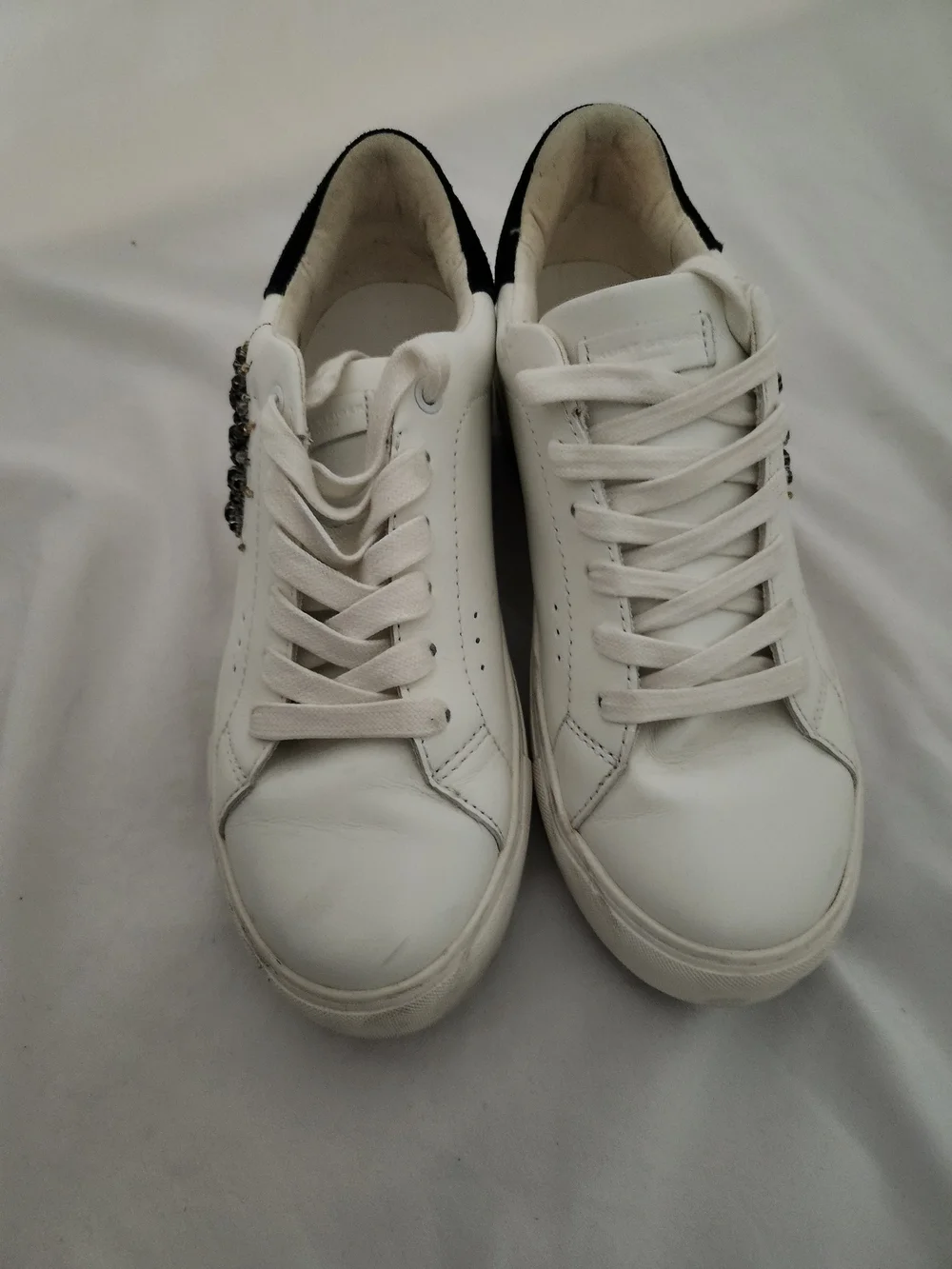 Kurt Geiger White Low-Top Sneakers with Black Heel and Embellishment